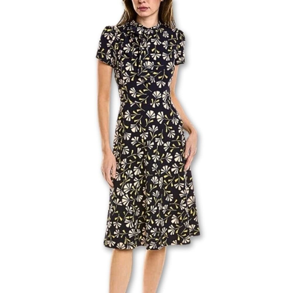 London Times Midi Dress Geometric Pattern Back Zip Tie Neck A-Line Black 20 NWT